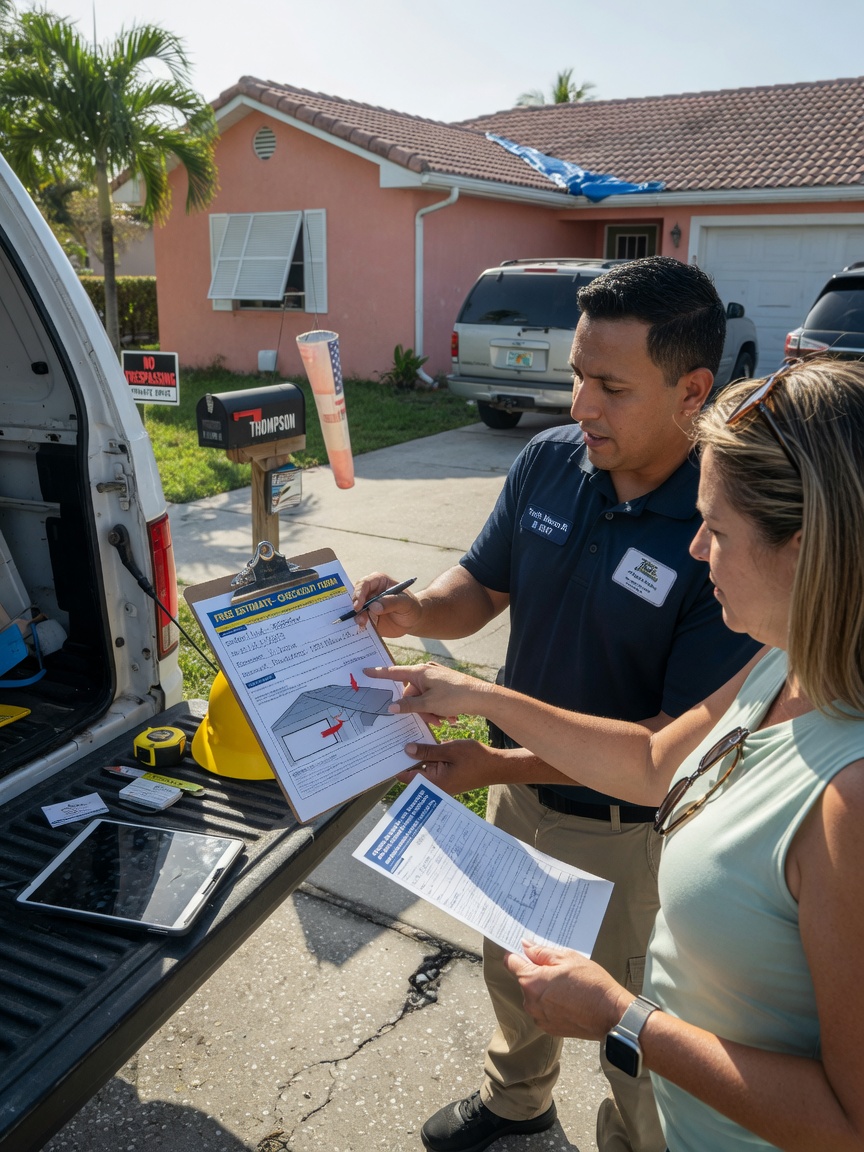 Ultra-realistic 8K image of a licensed technician providing a Checkout free estimate to a homeowner at their Cape Coral residence, both reviewing paperwork in driveway, natural interaction