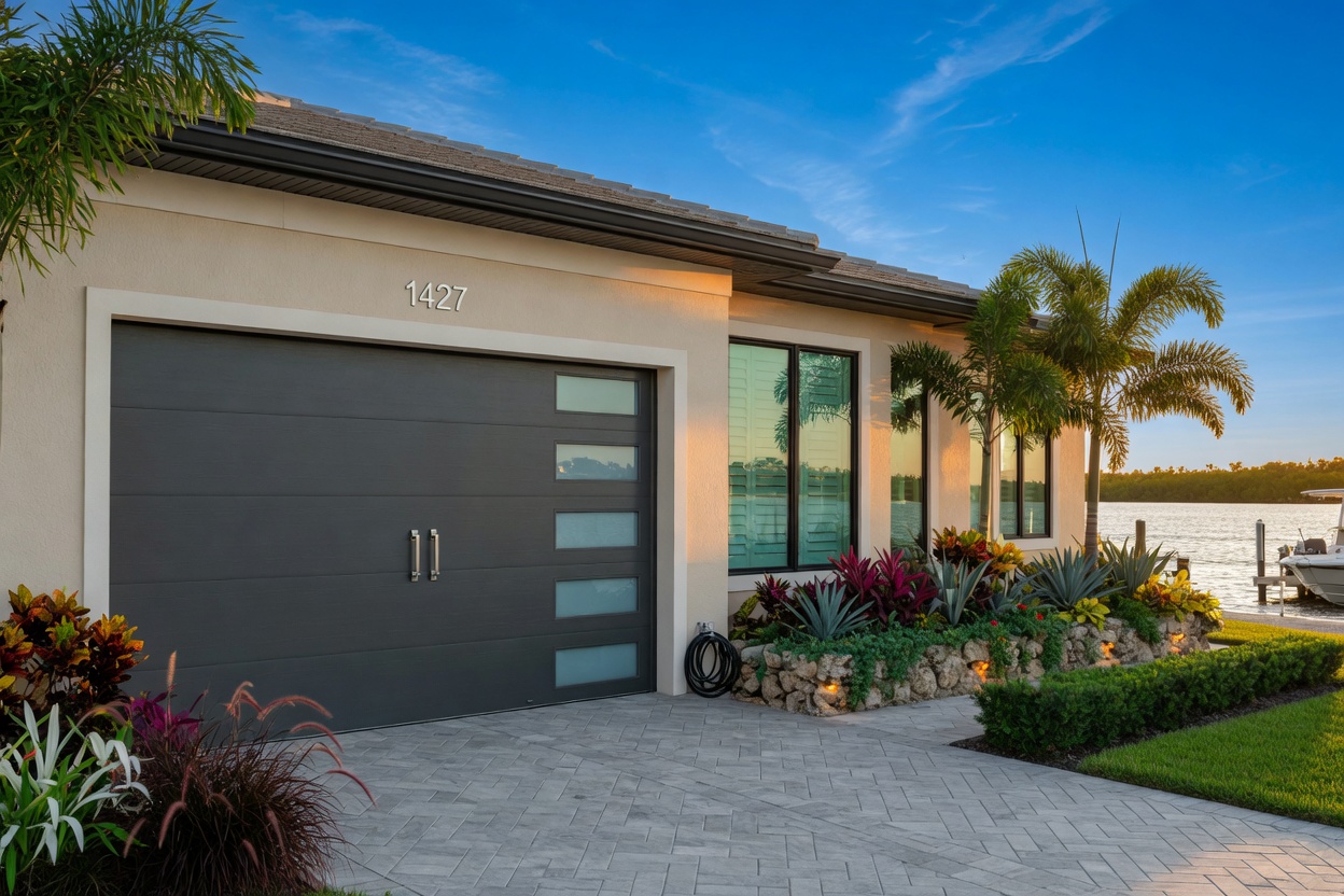 Modern double-car garage door on a waterfront Cape Coral luxury home with hurricane impact windows, beautiful landscaping, blue sky, 8K real estate photography