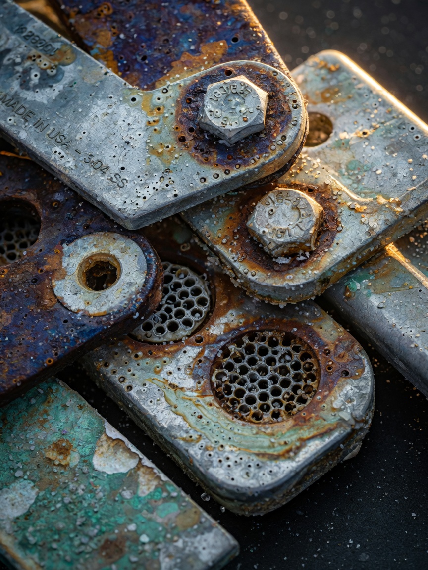 Extreme close-up 8K photograph of metal components showing pitting and corrosion from Southwest Florida salt air, educational style, sharp macro detail with shallow depth of field