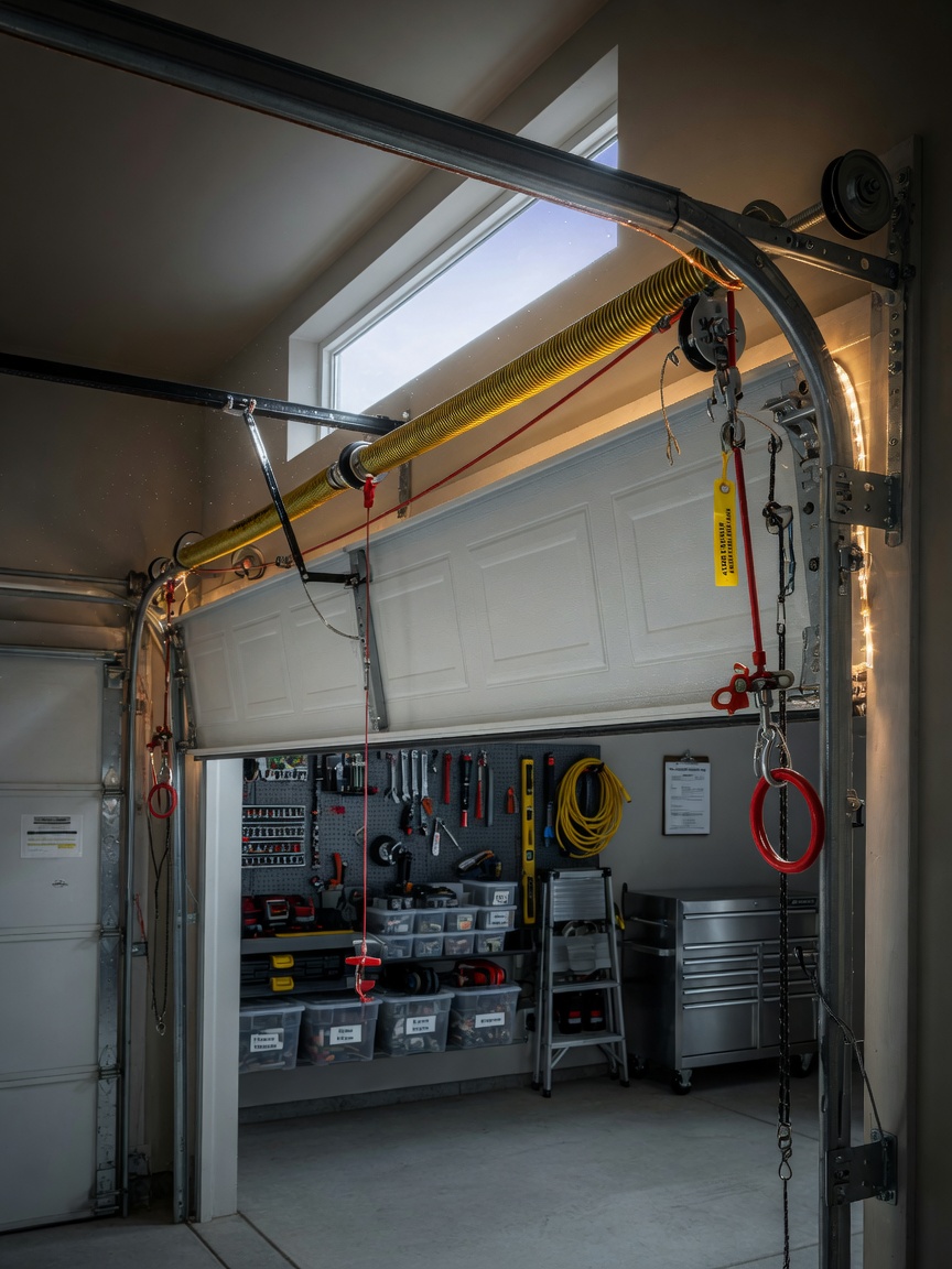 Extension spring system with proper safety cable installation, detailed technical view inside garage, clean organized space, realistic 8K image