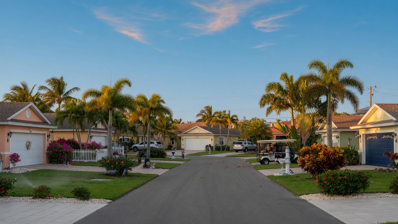 Realistic 8K wide angle photograph of a quiet Cape Coral neighborhood street lined with homes featuring well-maintained garage doors, lush tropical landscaping, perfect blue sky