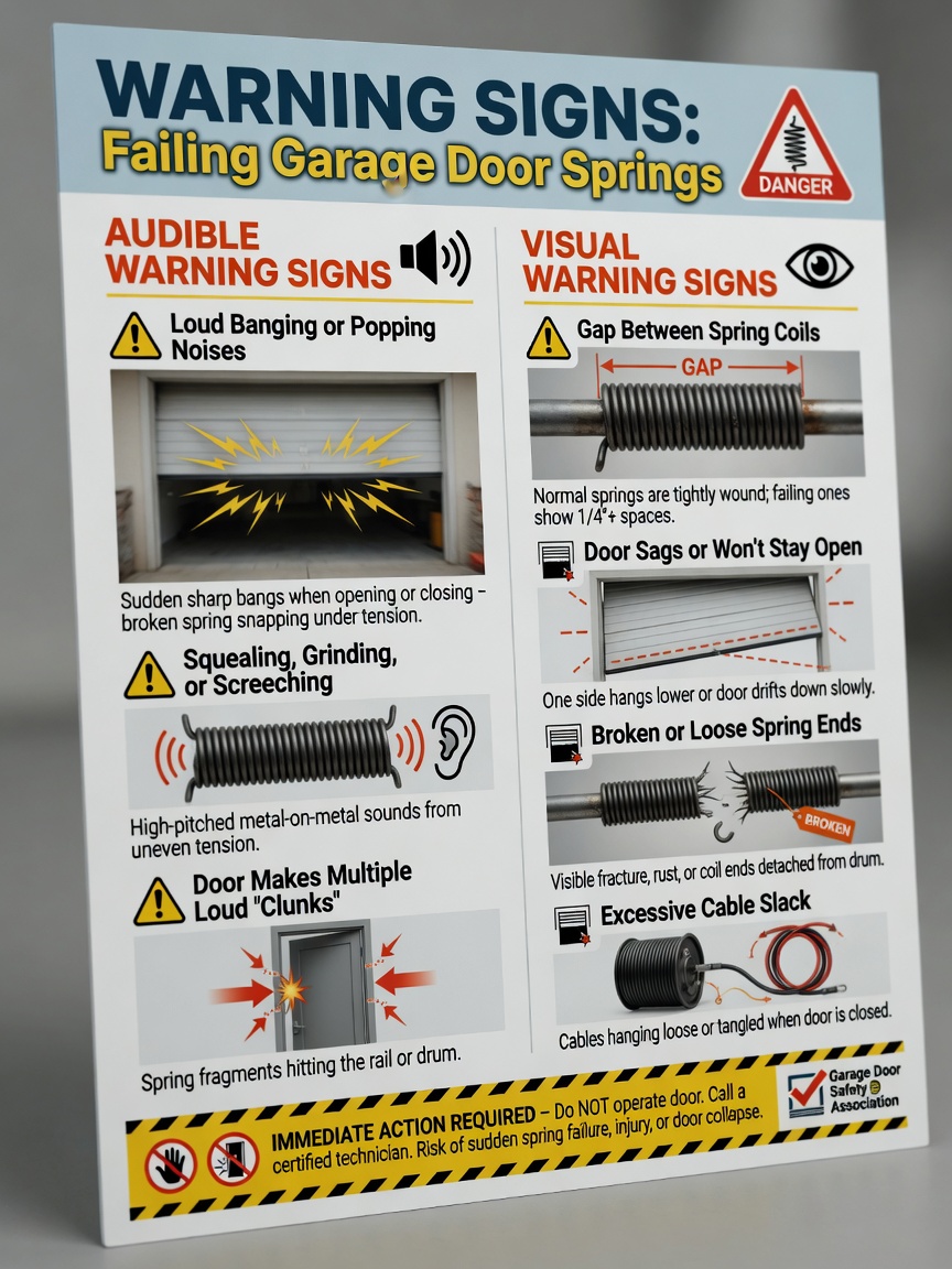 Infographic style image showing audible and visual warning signs of failing garage door springs with icons and text, clean professional design, 8K resolution