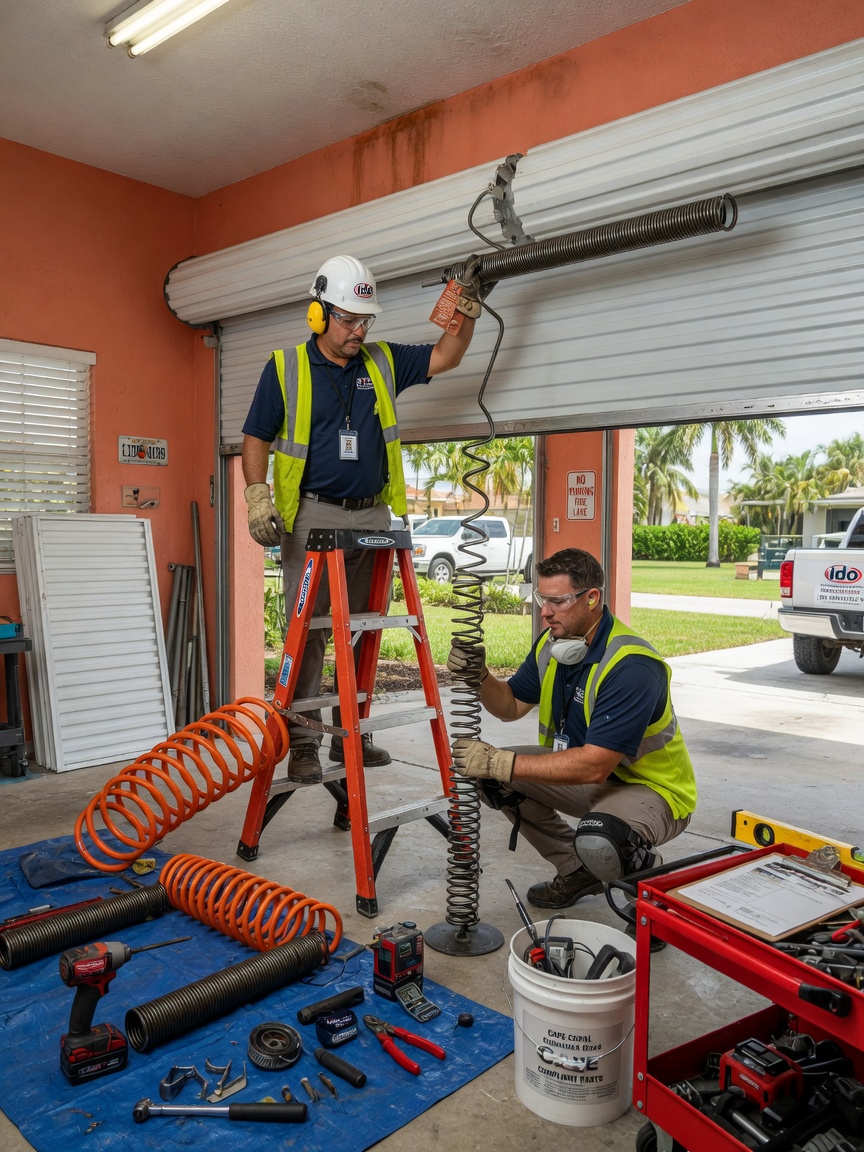 Ultra-realistic 8K image of a garage door spring replacement in progress by Ido Garage Doors technicians in a Cape Coral garage, proper safety equipment visible, professional setting