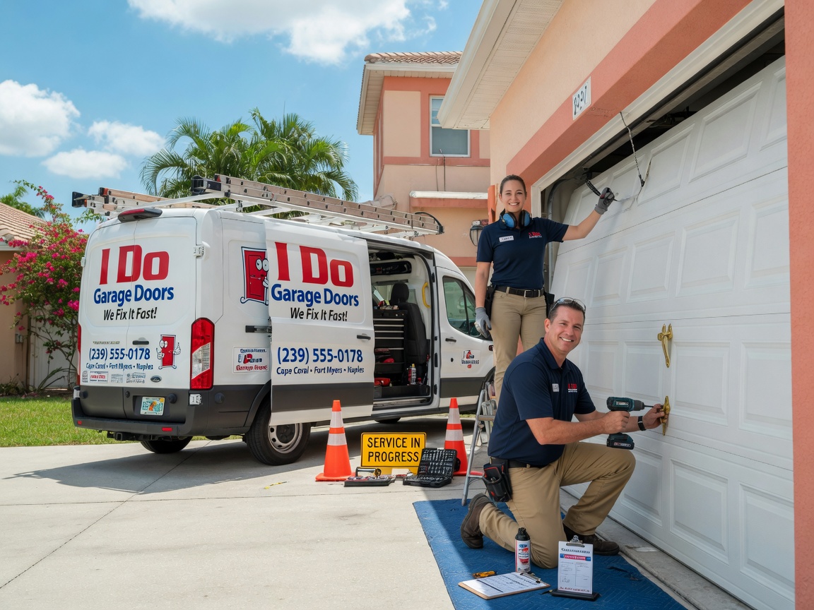 Professional team from I Do Garage Doors servicing a garage door in Cape Coral, branded van visible in driveway, friendly and competent appearance, sunny day