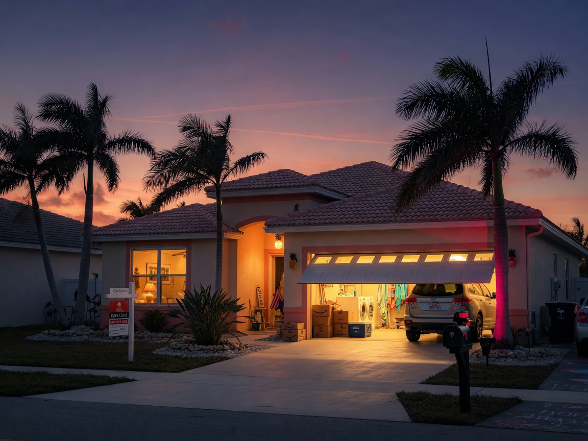 Atmospheric 8K photograph of a Cape Coral home at dusk with the garage door smoothly opening after recent Checkout, warm interior lights glowing, palm trees silhouetted against sunset