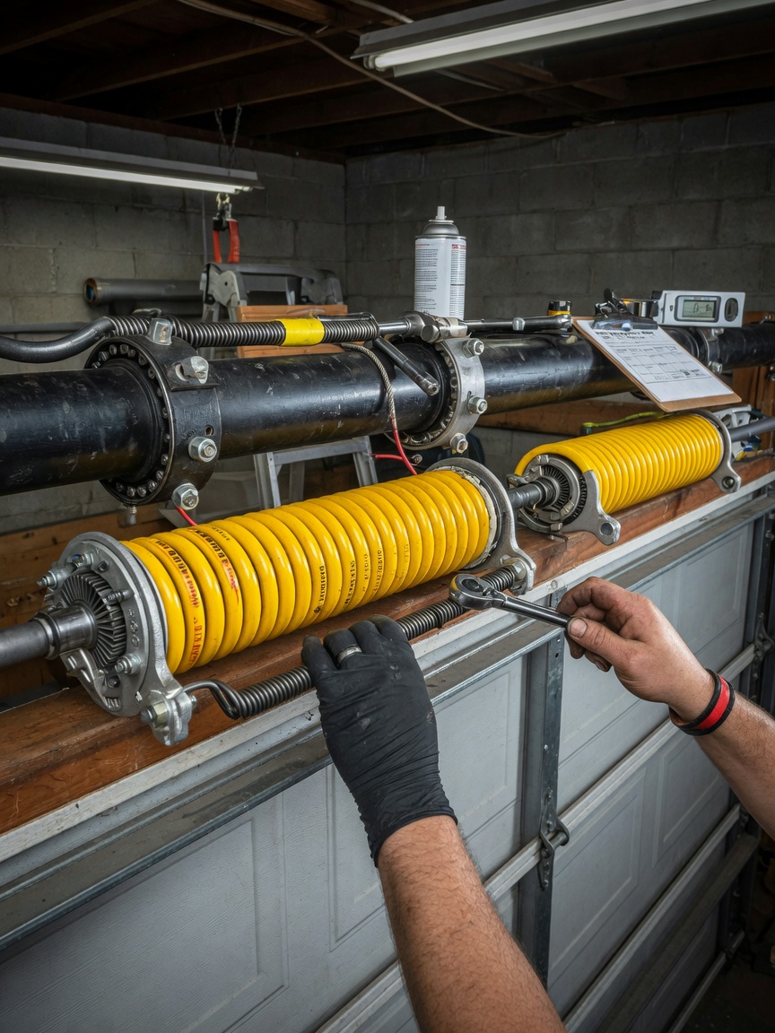 High-cycle torsion springs being installed on shaft above garage door, detailed installation process captured realistically, technician hands in frame