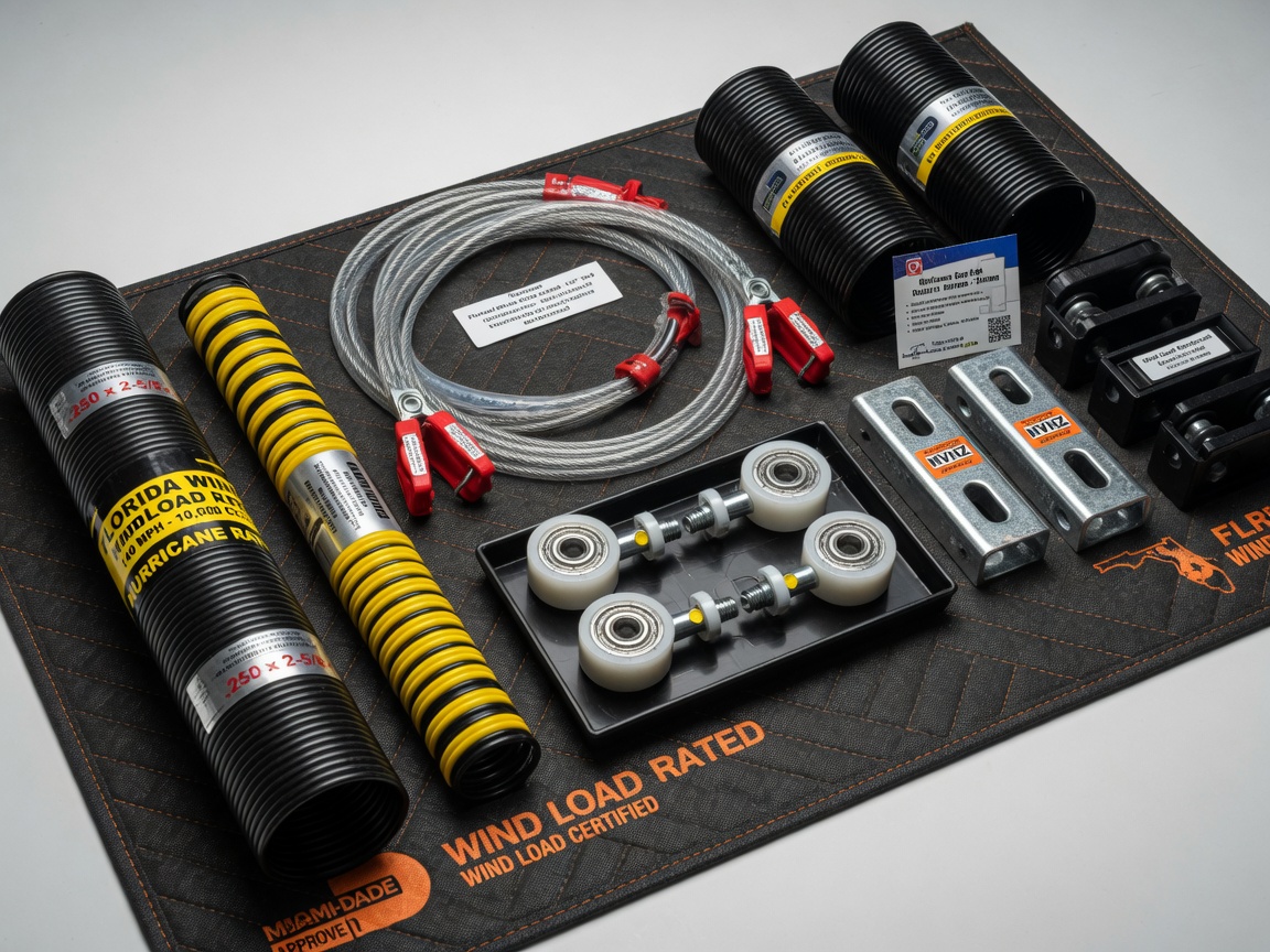 Detailed 8K image of various garage door hardware parts including springs, cables, and rollers specifically rated for Florida hurricane wind load codes, neatly organized on a service mat