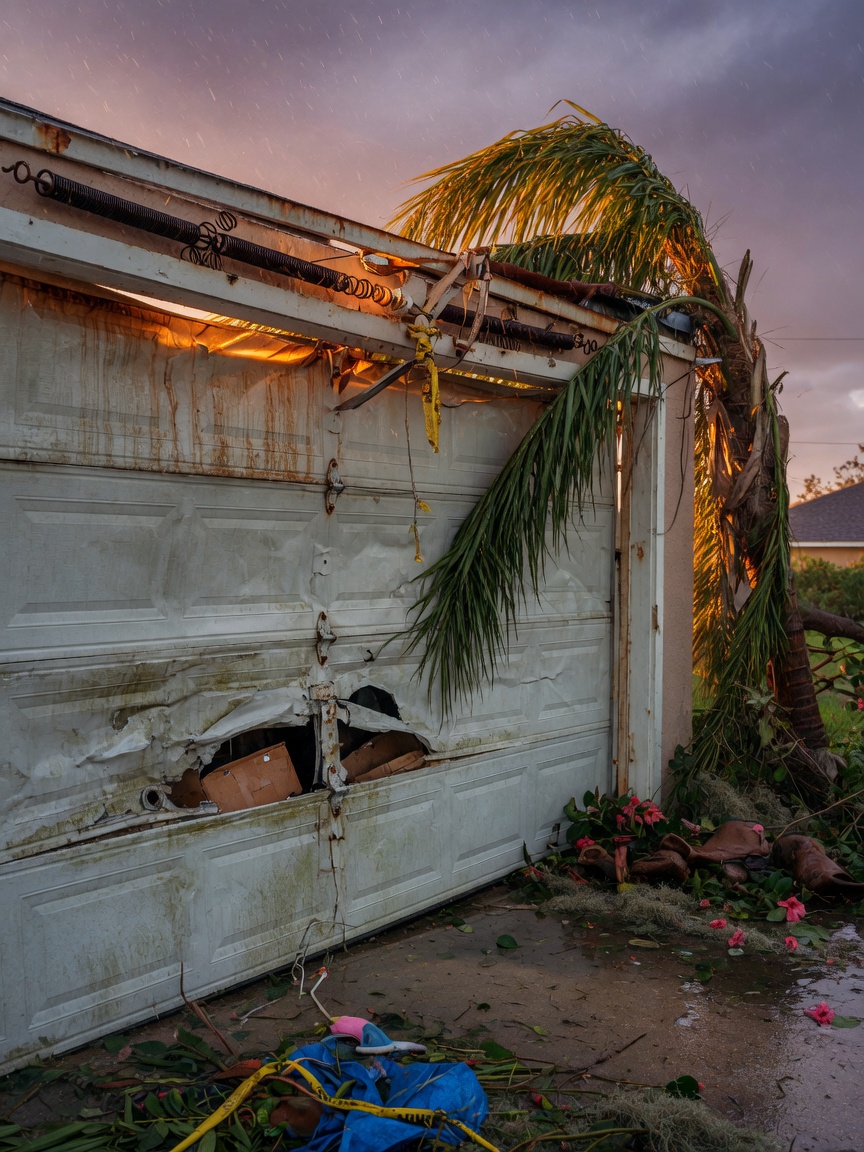 Weather beaten garage door with visible rust on springs after a Florida hurricane, damaged landscaping, realistic post-storm documentation photography