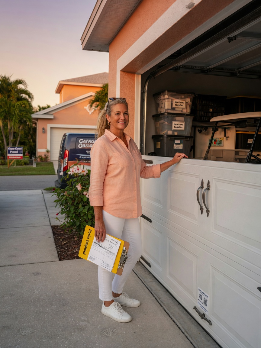 Ultra-realistic 8K photograph of a satisfied Cape Coral homeowner standing beside their newly serviced garage door after Checkout, looking relieved, natural expressions, warm evening light