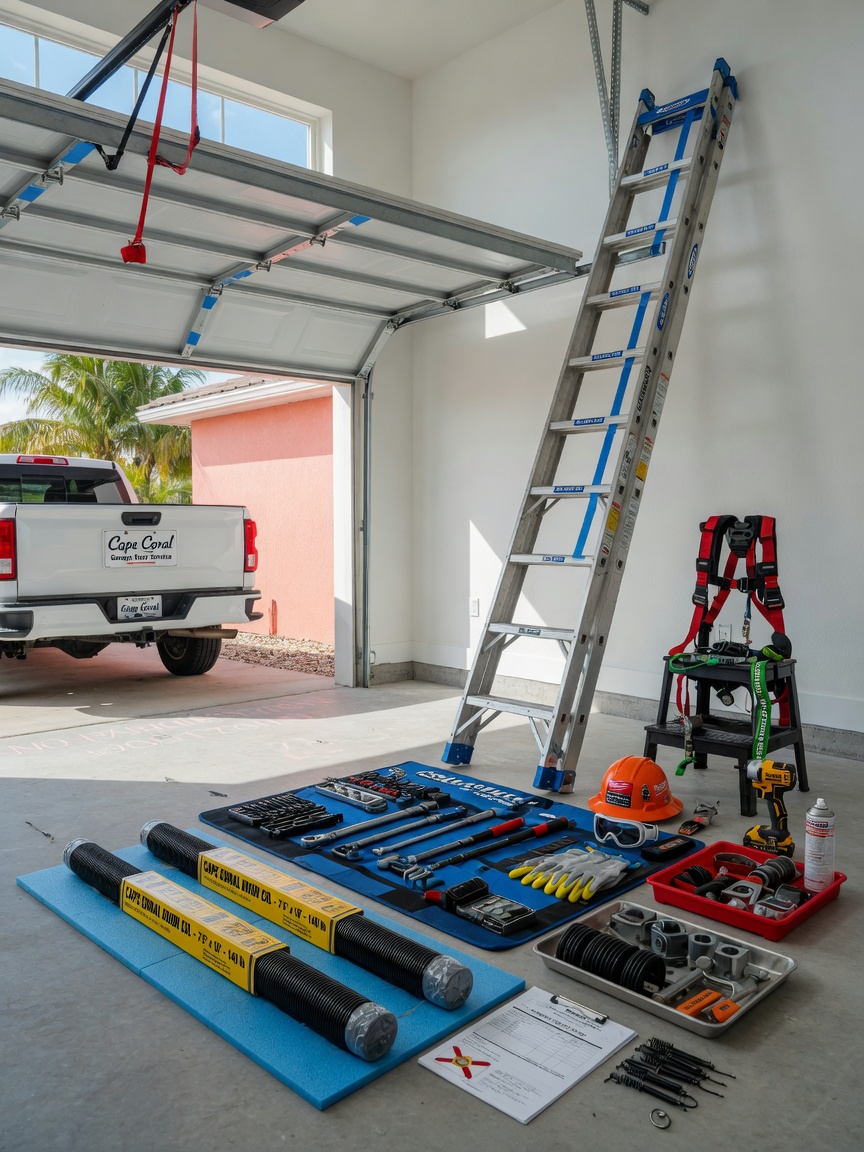 Safe professional garage door maintenance scene with full safety equipment, ladder, tools, and new springs laid out neatly in a Cape Coral garage, bright 8K image