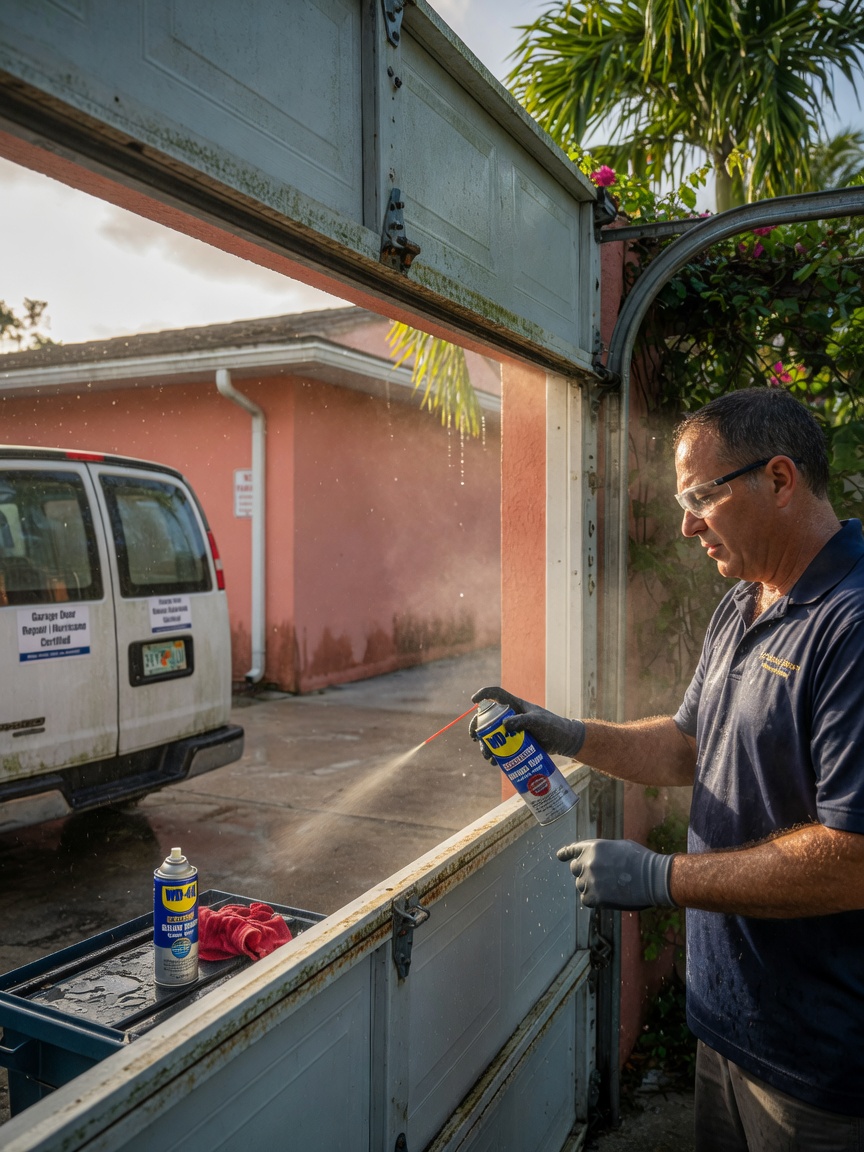 Professional 8K image showing annual maintenance being performed on a garage door in humid Southwest Florida conditions, technician applying specialized lubricant, realistic moisture in air