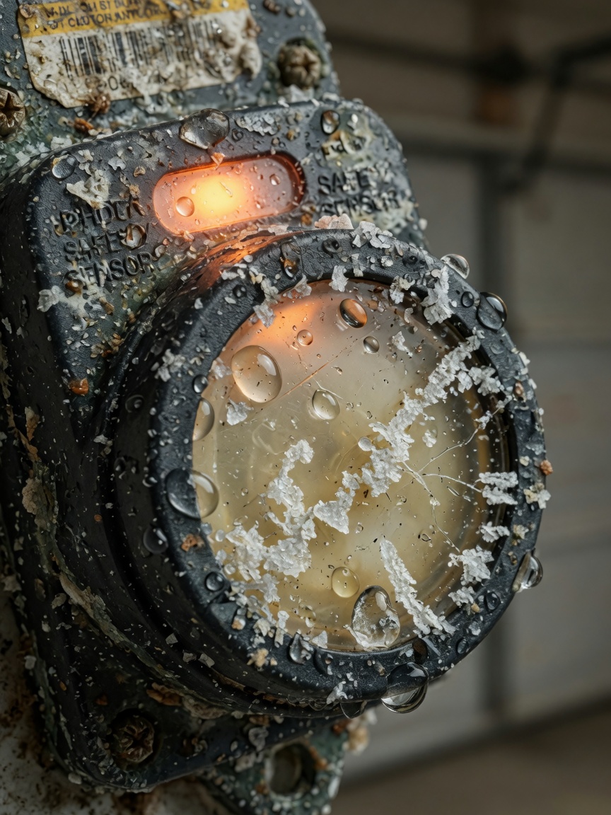 Extreme close-up of dirty garage door safety sensor with salt crust and water droplets on the lens, orange indicator light glowing, realistic coastal corrosion details, macro photography, 8K resolution