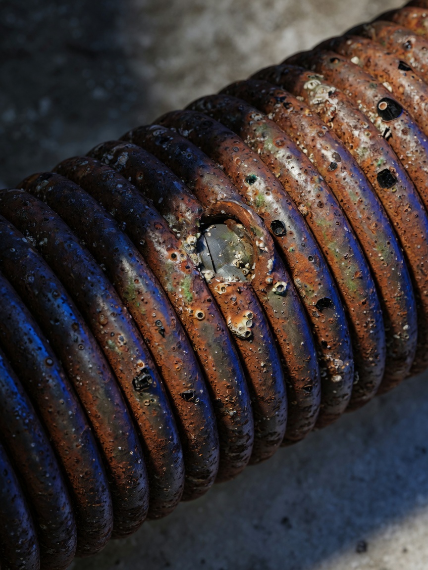 Extreme close-up 8K image of a heavily rusted torsion garage door spring showing severe pitting and corrosion from salt air, dramatic side lighting, macro photography