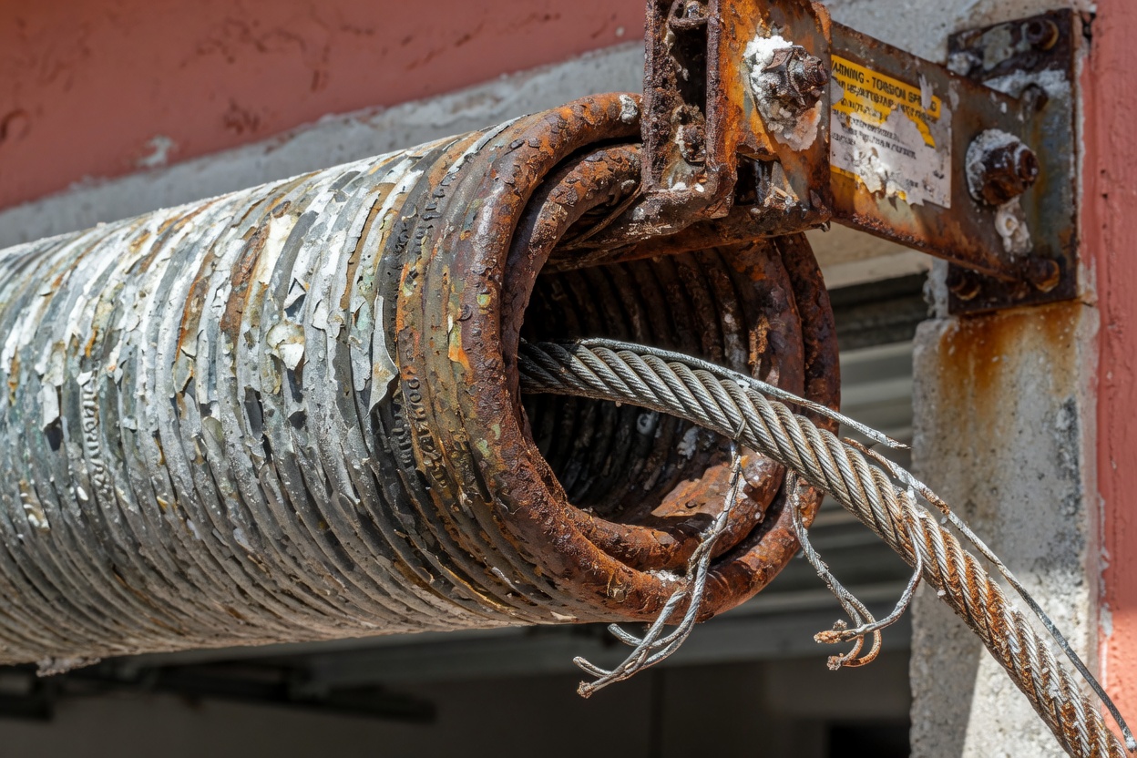 Close-up ultra-realistic 8K image of a rusted garage door torsion spring affected by salt air corrosion in Southwest Florida, showing detailed metal oxidation and broken cable, natural daylight, technical documentation style