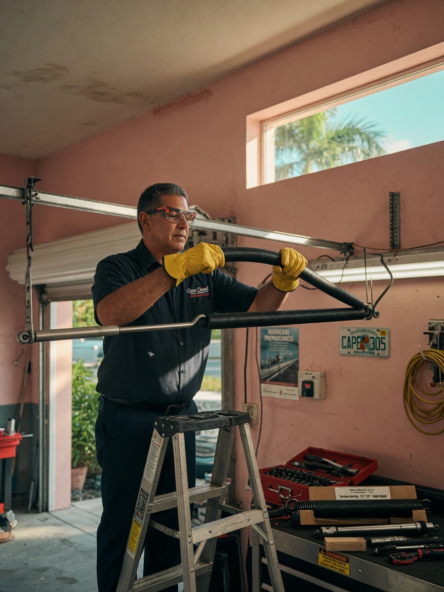 Professional technician in uniform safely replacing a torsion spring on a garage door in a Cape Coral garage, wearing safety glasses and gloves, realistic workshop lighting