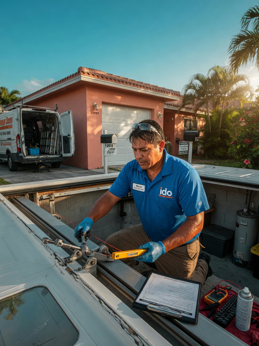 Professional technician from Ido Garage Doors performing garage door Checkout on a residential property in Cape Coral 33904, wearing uniform, using specialized tools, realistic sweat from Florida humidity, 8K detail