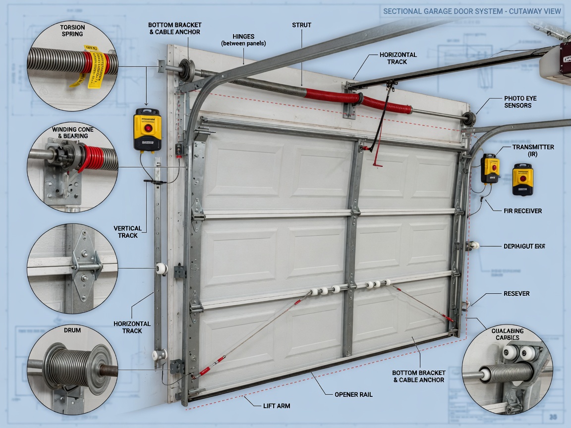 Cutaway technical diagram of sectional garage door system showing torsion spring, cables, rollers, tracks and photo eye sensors, labeled parts, clean educational style with realistic textures, 8K
