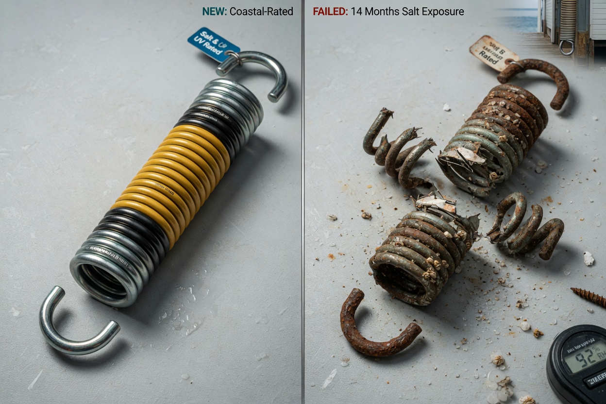 Split comparison image showing new vs failed extension spring, one side pristine coastal-rated spring, other side snapped and corroded, ultra-realistic 8K product photography
