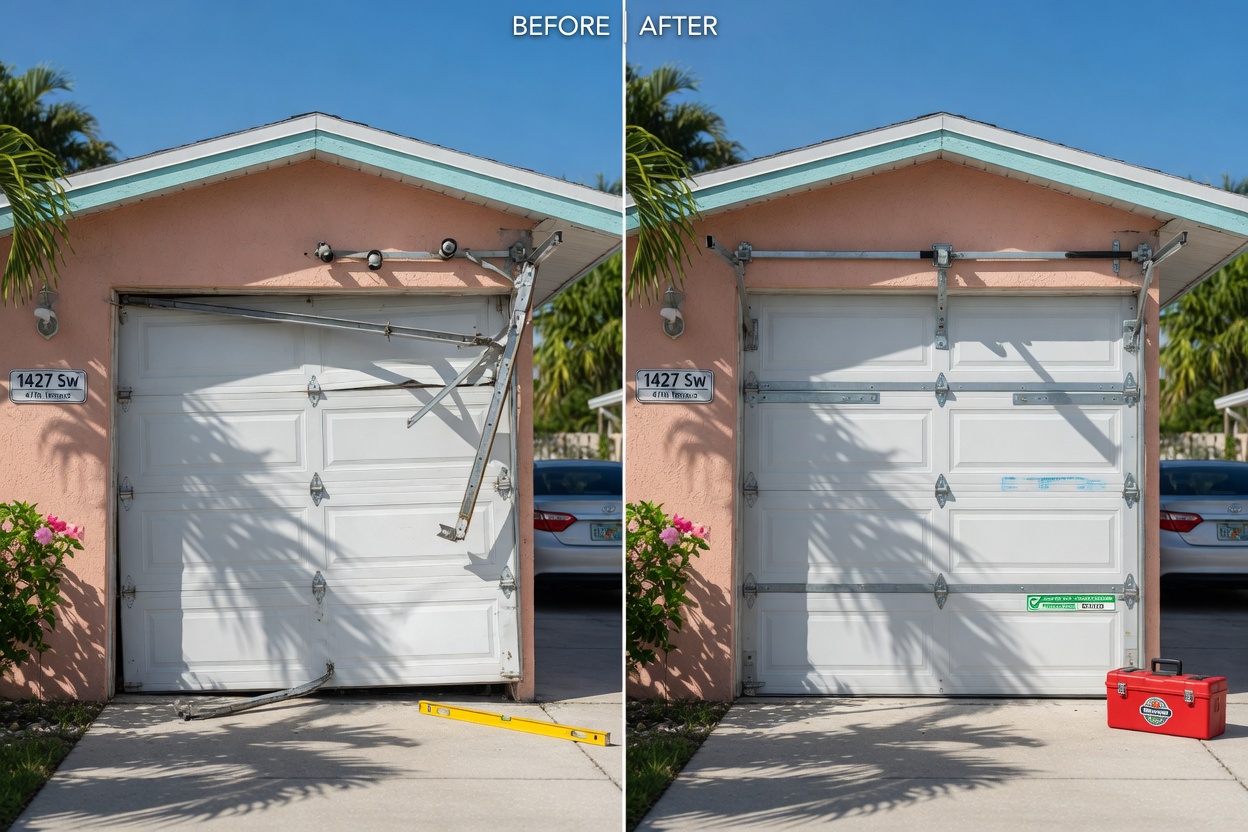 Ultra-realistic 8K before and after split image showing a misaligned garage door track in Cape Coral before repair and perfectly balanced door after Checkout, bright Florida sunlight, clear shadows