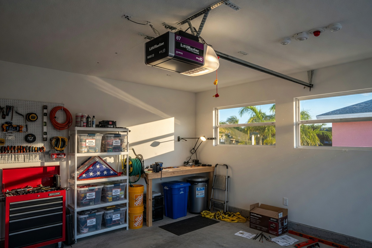 LiftMaster 878MAX garage door opener installed on ceiling of Cape Coral garage, realistic interior view with tools and organized storage, natural light coming through windows, 8K resolution