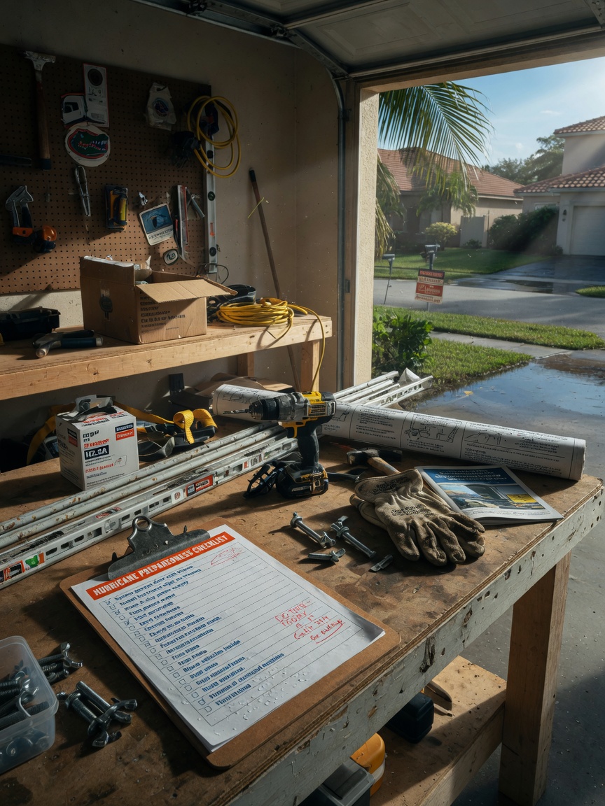 Hurricane preparedness checklist on a clipboard with tools and garage door parts on a workbench in a Florida garage, natural daylight coming through open door, photorealistic
