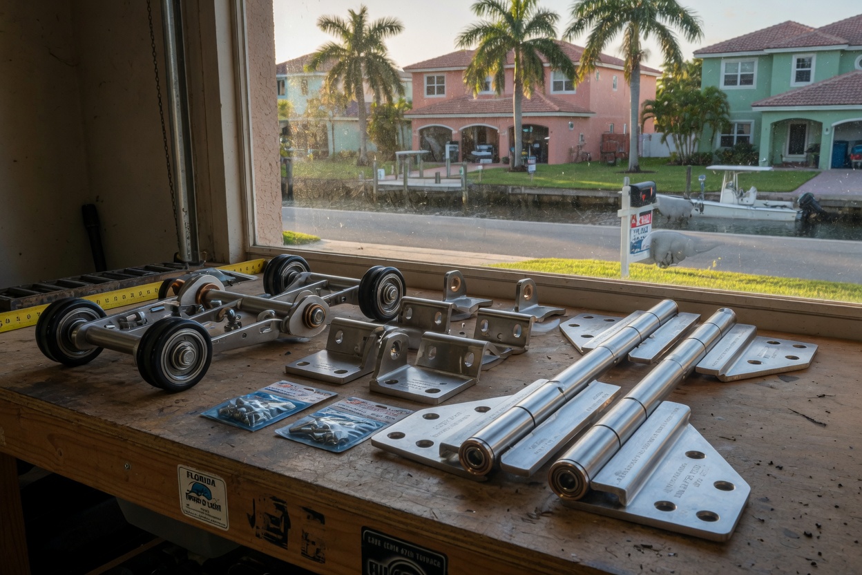 Detailed 8K photograph of stainless steel garage door rollers and hinges designed for high humidity and salt air in Southwest Florida, clean new parts arranged on workbench with Cape Coral neighborhood visible through window
