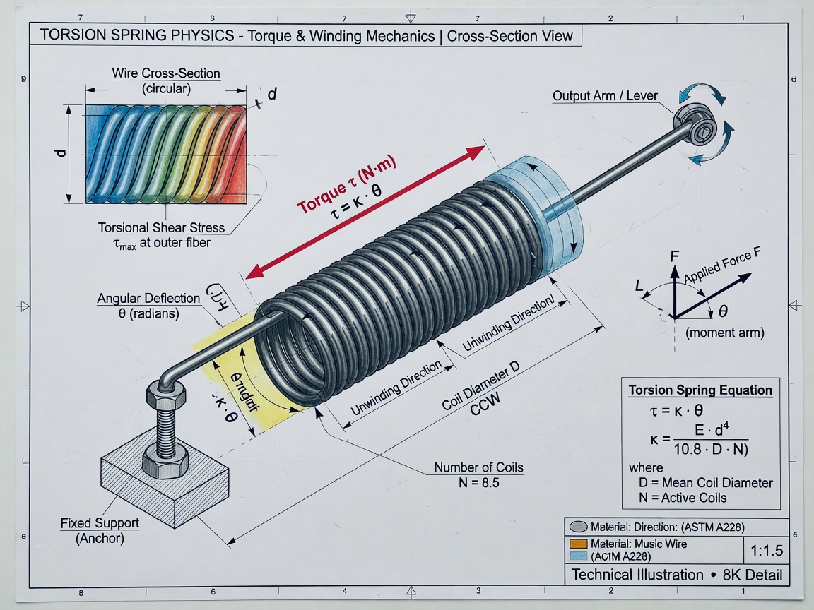 Cross-section technical diagram style illustration of torsion spring physics showing torque and winding mechanics, clean labeled 8K technical visualization