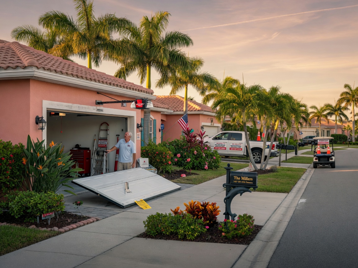 Realistic 8K image of a Cape Coral homeowner safely testing a newly repaired garage door after same day Checkout, suburban street with palm trees and tropical landscaping, late afternoon light