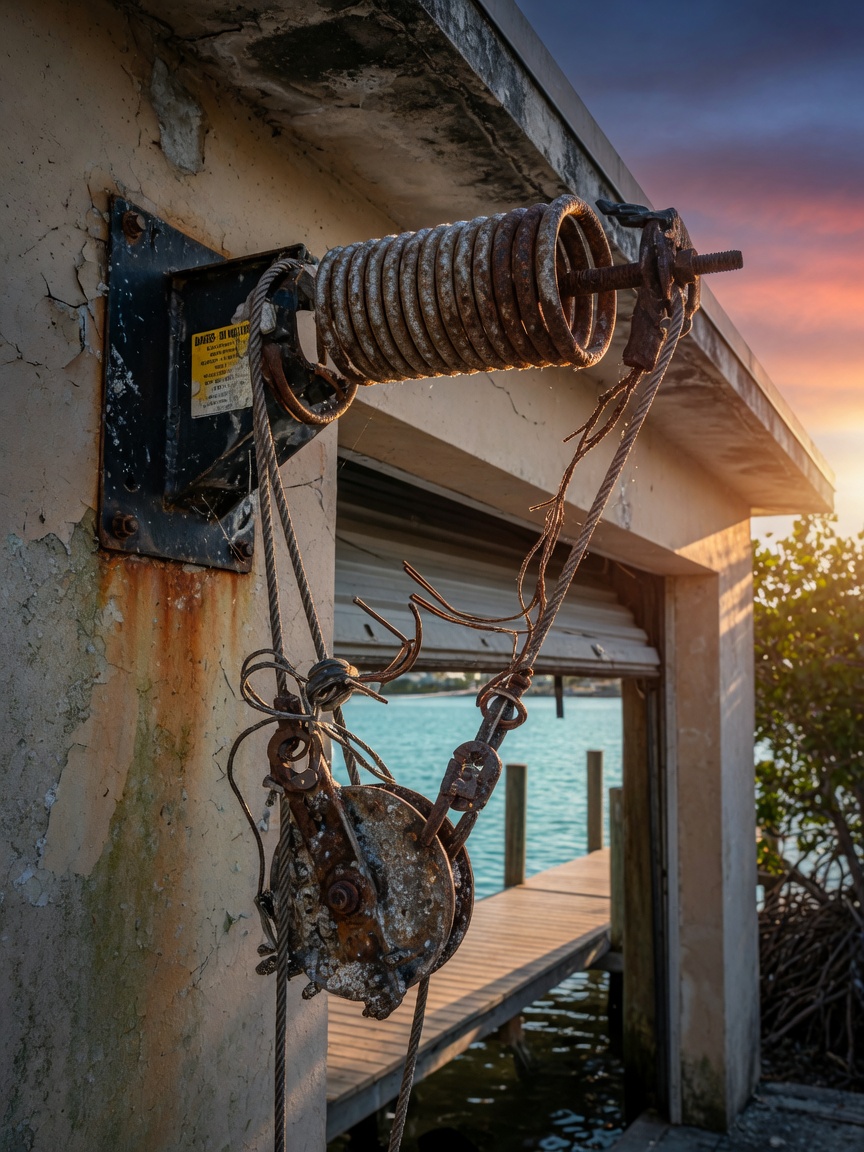 Damaged rusted garage door cable and spring system on a waterfront Cape Coral property, visible corrosion from salt air, dramatic lighting, realistic industrial detail, 8K