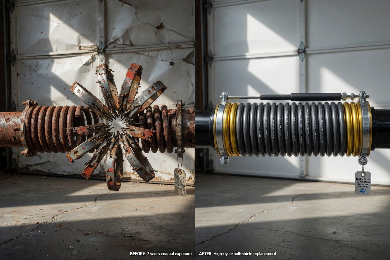 Before and after split image of a severely corroded garage door spring versus a newly installed high-cycle coastal spring, dramatic lighting, 8K detail