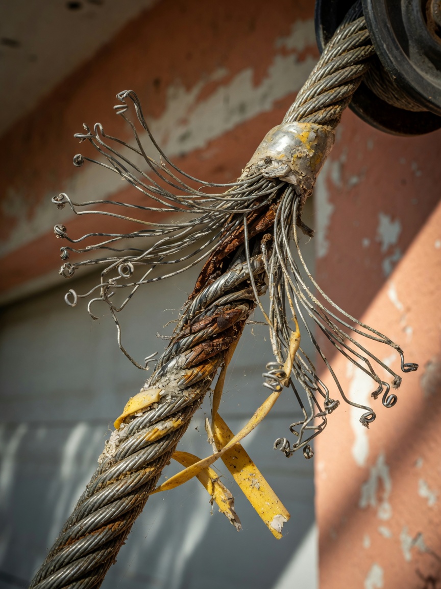 Ultra-realistic 8K close-up of a frayed garage door cable that needs immediate Checkout, showing dangerous wear caused by years of exposure to Florida heat and salt air, high detail texture