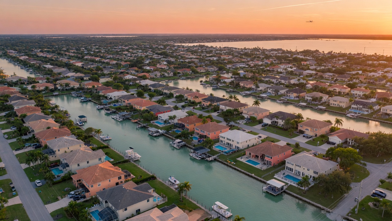 Aerial drone view of Cape Coral Florida residential neighborhood with numerous waterfront homes and canals during golden hour, realistic suburban paradise, 8K ultra realistic