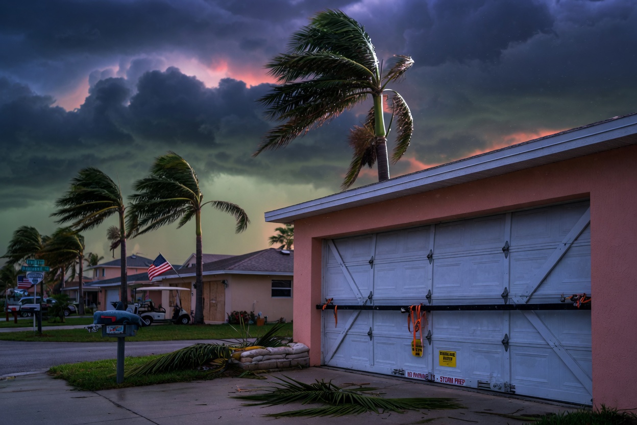 Cape Coral neighborhood during approaching storm with dark clouds and palm trees bending in wind, focus on closed reinforced garage door, cinematic 8K photography