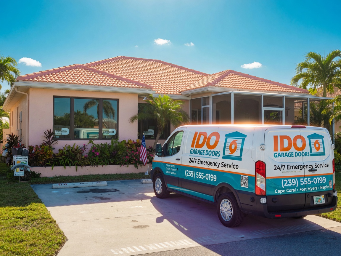 Professional 8K photograph of Ido Garage Doors service van parked in front of a typical Cape Coral Florida home with hurricane impact windows, bright sunny day, realistic reflections