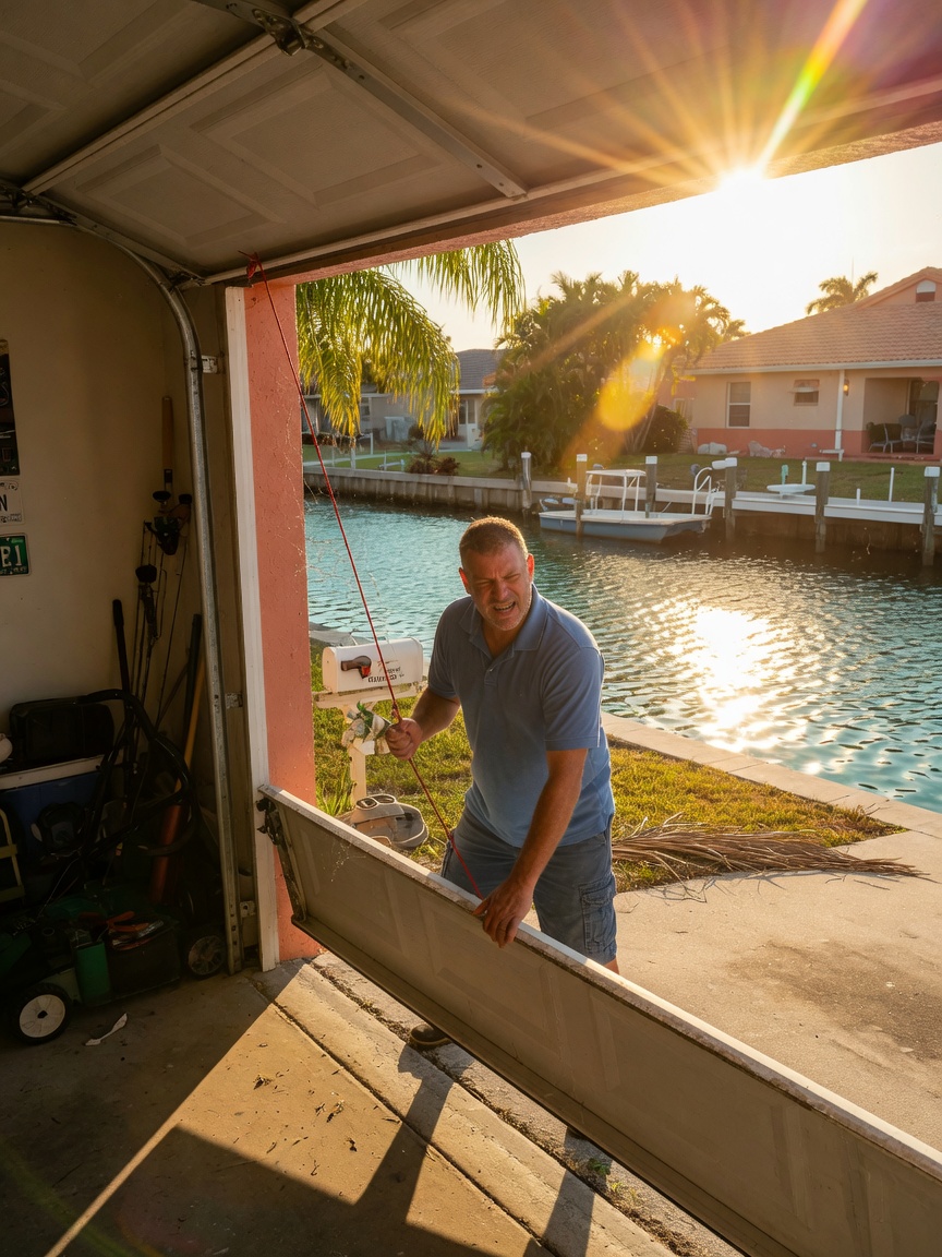 Homeowner attempting to close garage door manually in Cape Coral during late afternoon with intense sun glare reflecting off canal, frustrated expression, realistic scene, cinematic composition