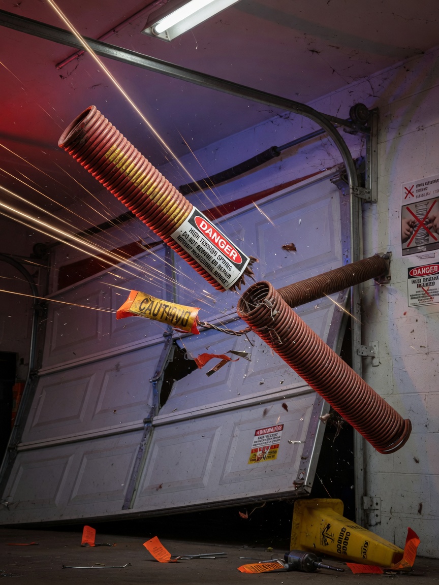Danger warning scene showing broken garage door spring flying through air with motion blur, safety concept, dramatic studio lighting, ultra-realistic 8K