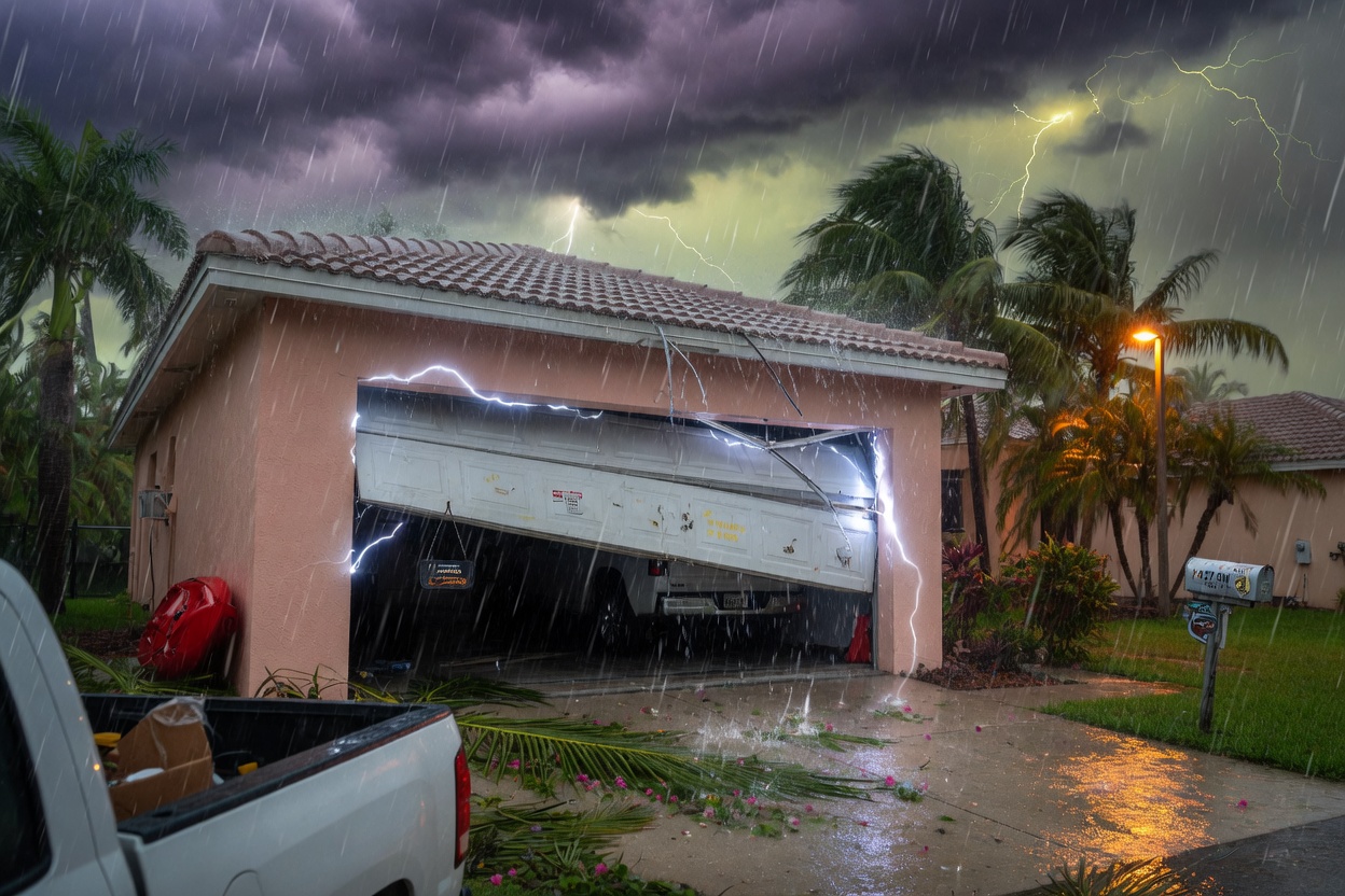 Ultra-realistic 8K image of a garage door stuck halfway open in Cape Coral during a summer thunderstorm, dramatic storm clouds, heavy rain, urgent atmosphere, cinematic lighting