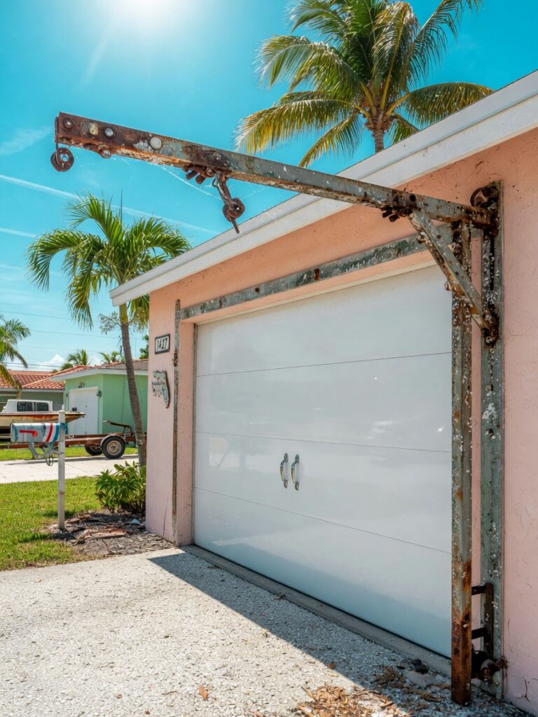 Ultra-realistic 8K photo of a modern residential garage door with visible salt air corrosion on metal tracks in a Cape Coral Florida neighborhood, bright sunny day, palm trees in background, detailed rust and pitting on hardware