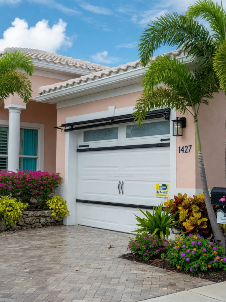 Ultra-realistic 8K photo of a beautiful new 8x7 hurricane-rated garage door installed on a modern Cape Coral Florida home with tropical landscaping, smooth clean finish, bright daytime lighting, highly detailed textures
