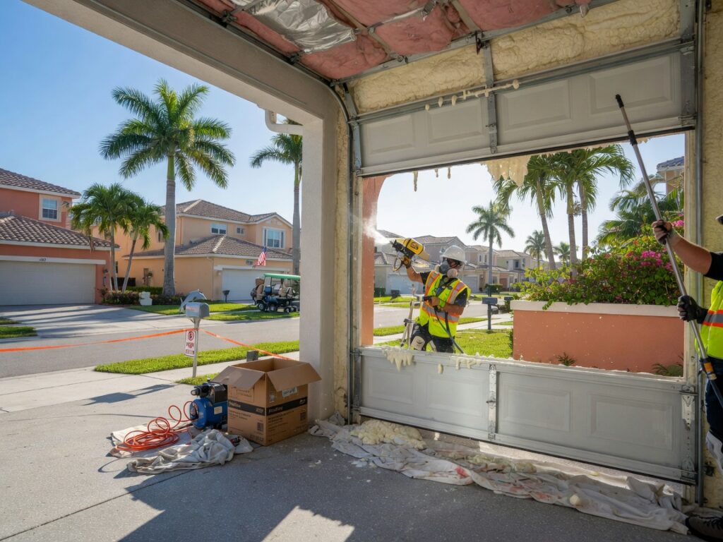 Ultra-realistic 8K photo of a modern two-car garage door with professional foam insulation being installed in a sunny Cape Coral Florida residential neighborhood, bright daylight, detailed textures, suburban street visible