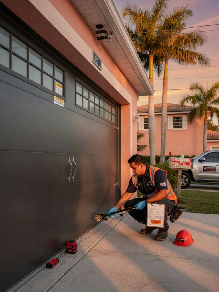 Ultra-realistic 8K photo of a modern suburban garage door in Cape Coral Florida 33904 with a technician in uniform performing a safety inspection during golden hour lighting, palm trees in background, highly detailed textures