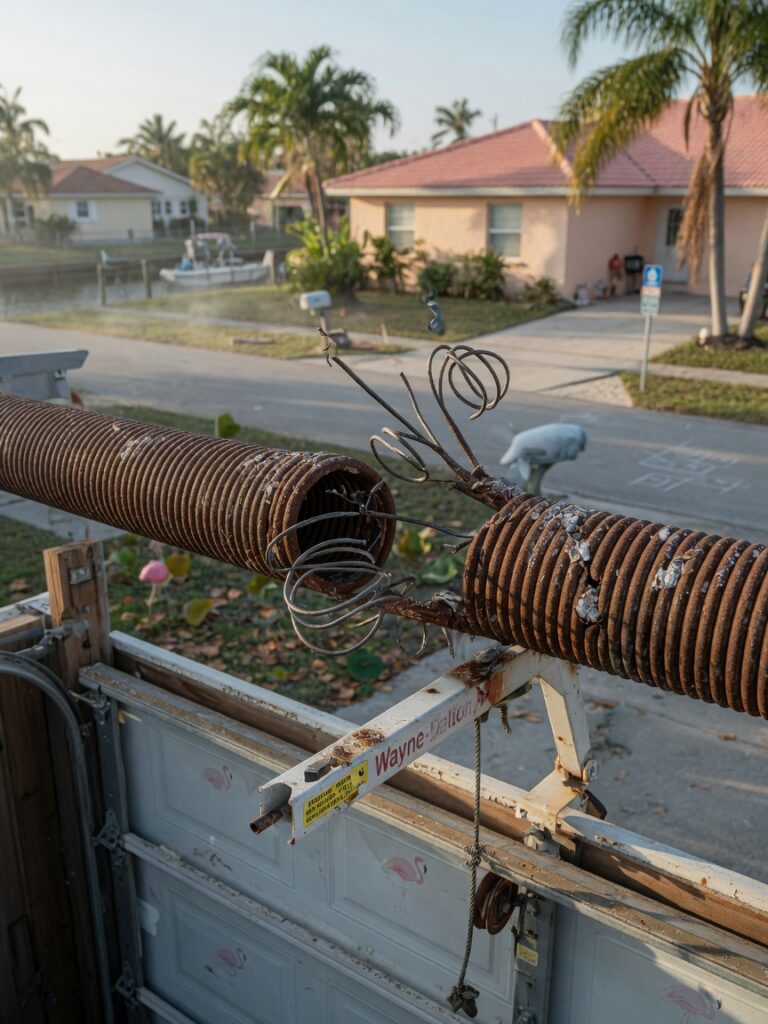 Ultra-realistic 8K photograph of a broken torsion spring on a residential garage door in Cape Coral Florida with snapped coils and visible rust from salt air, dramatic morning lighting, suburban neighborhood background