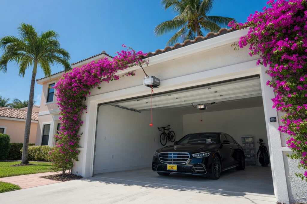 Ultra-realistic 8K photograph of a luxury home in Cape Coral Florida, bright sunny day, camera positioned outside looking straight into the open garage with a fully open sectional garage door completely retracted and stacked neatly on the ceiling tracks, small modern garage door opener motor hanging from the center of the ceiling with visible red emergency release cord, clean white stucco door jambs, 2025 Mercedes S-Class parked inside the garage, royal palm trees and vibrant bougainvillea visible outside, perfect blue sky, sharp architectural details