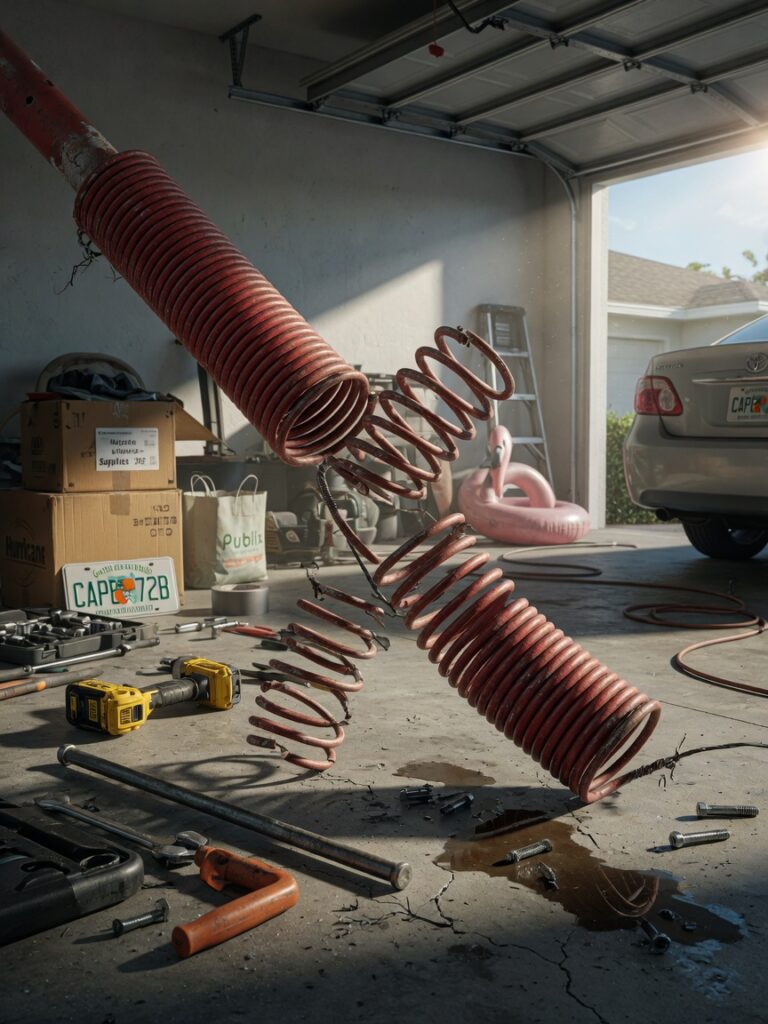 Ultra-realistic 8K photo of a broken torsion garage door spring with visible coils snapped in a residential Cape Coral garage, dramatic lighting, tools scattered on concrete floor, Florida license plate visible in background