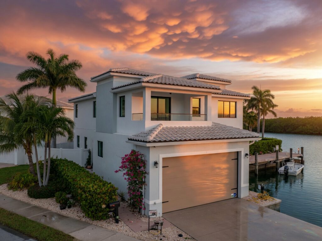 Ultra-realistic 8K photo of a modern Cape Coral waterfront home with reinforced fiberglass hurricane rated garage door during golden hour sunset, dramatic clouds in background, realistic Florida coastal architecture, highly detailed textures