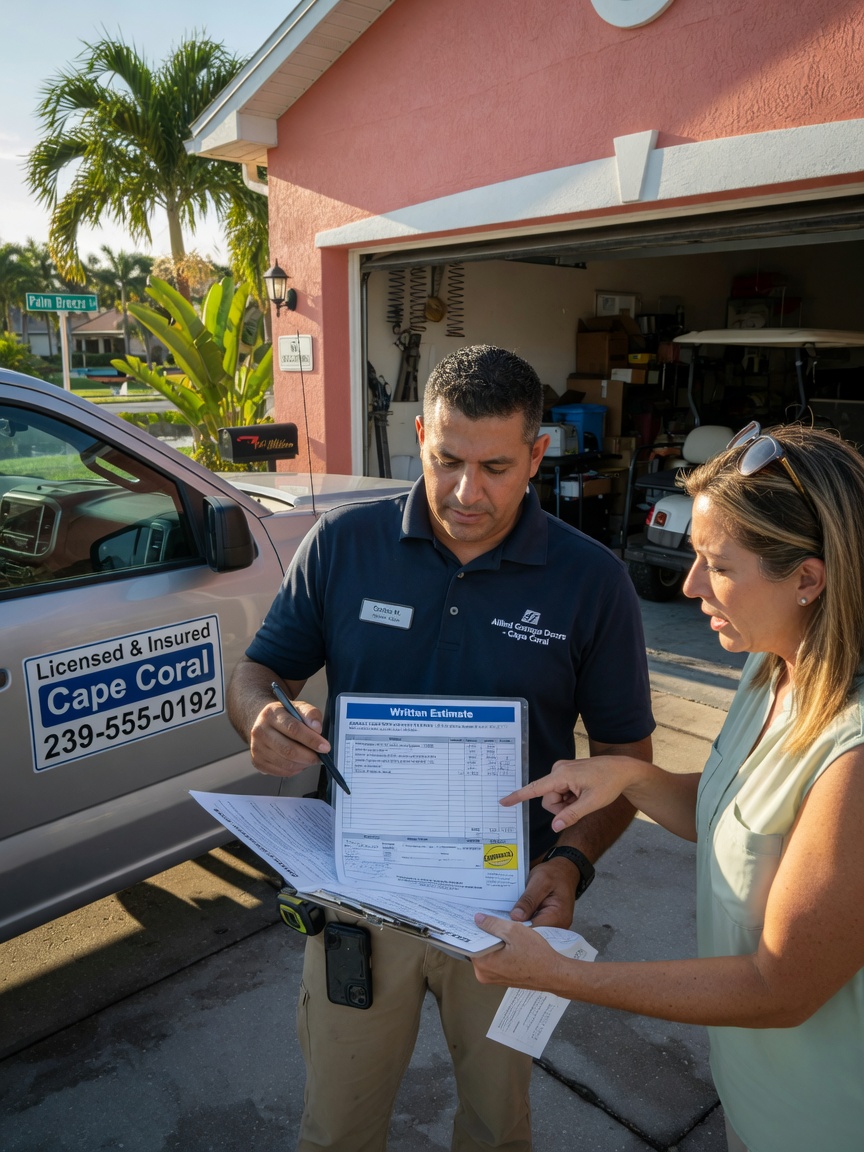 Ultra-realistic 8K image of technician providing transparent written estimate to homeowner at garage door in Cape Coral driveway, both reviewing paperwork, professional atmosphere