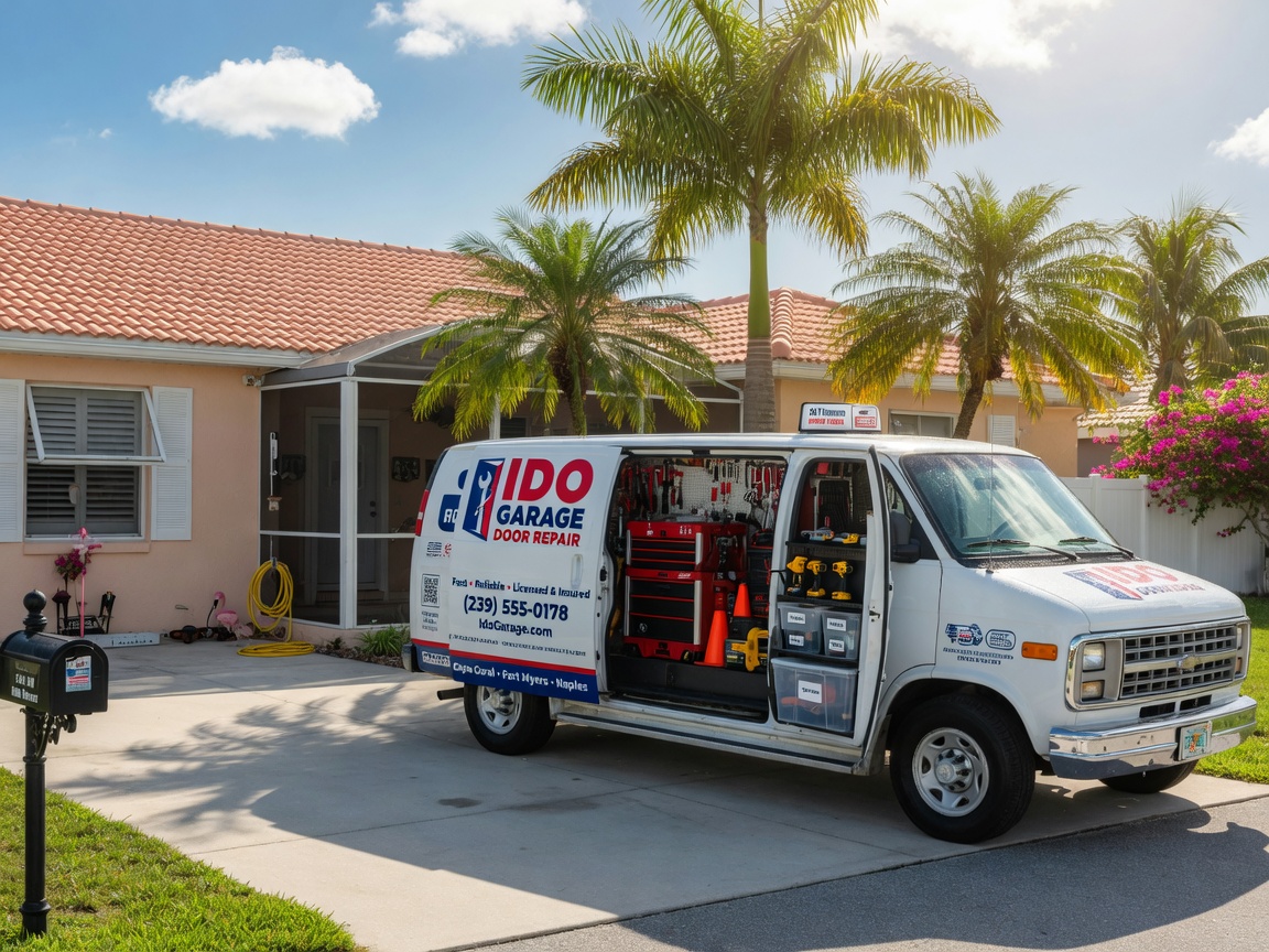Ido Garage Door Repair service van parked in driveway of a Southwest Florida home, professional branding visible, tools organized, sunny Cape Coral day, 8K resolution