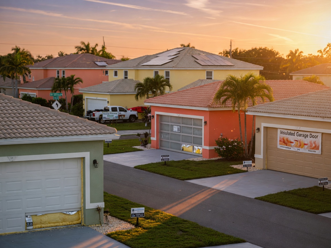 Ultra-realistic 8K photo of Cape Coral Florida residential street with multiple homes featuring newly installed energy efficient garage doors with visible insulation benefits during golden hour