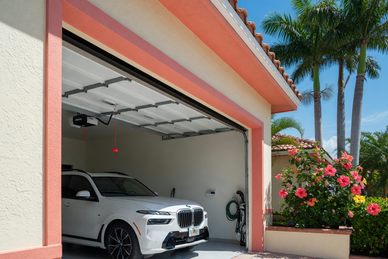 Realistic 8K image showing a Fort Myers luxury residence garage from exterior viewpoint, overhead sectional door completely open with panels stacked on ceiling tracks, compact motor and red release cord visible, clean stucco construction, 2025 BMW X7 SUV parked inside, bright sunshine, royal palms and colorful hibiscus in background