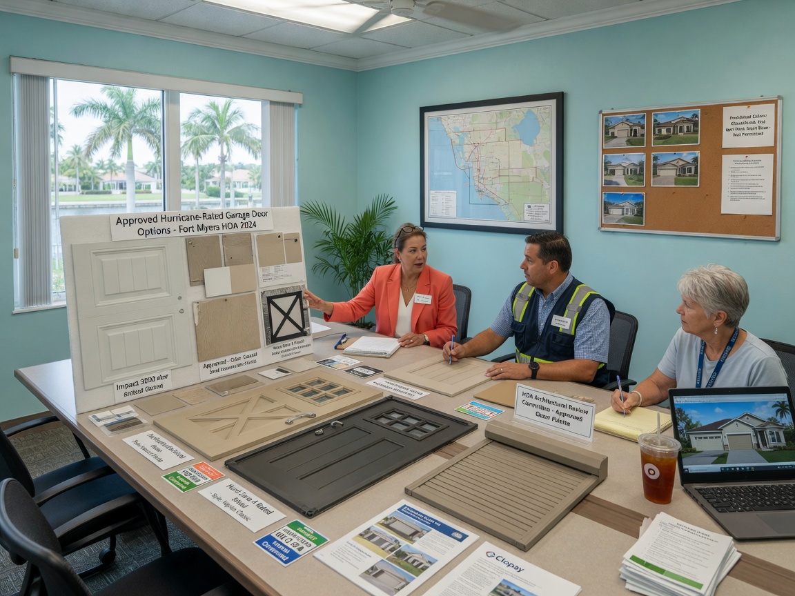 HOA architectural review meeting in Fort Myers discussing approved garage door colors and styles for hurricane-rated doors, mood board with samples on table, professional setting